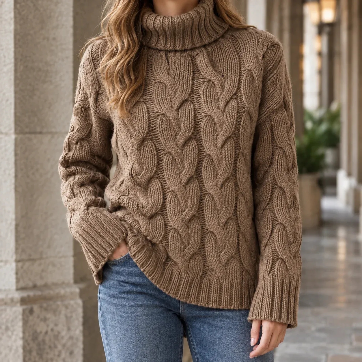 Hildegarde Cable Turtleneck — Dark Brown worn view
