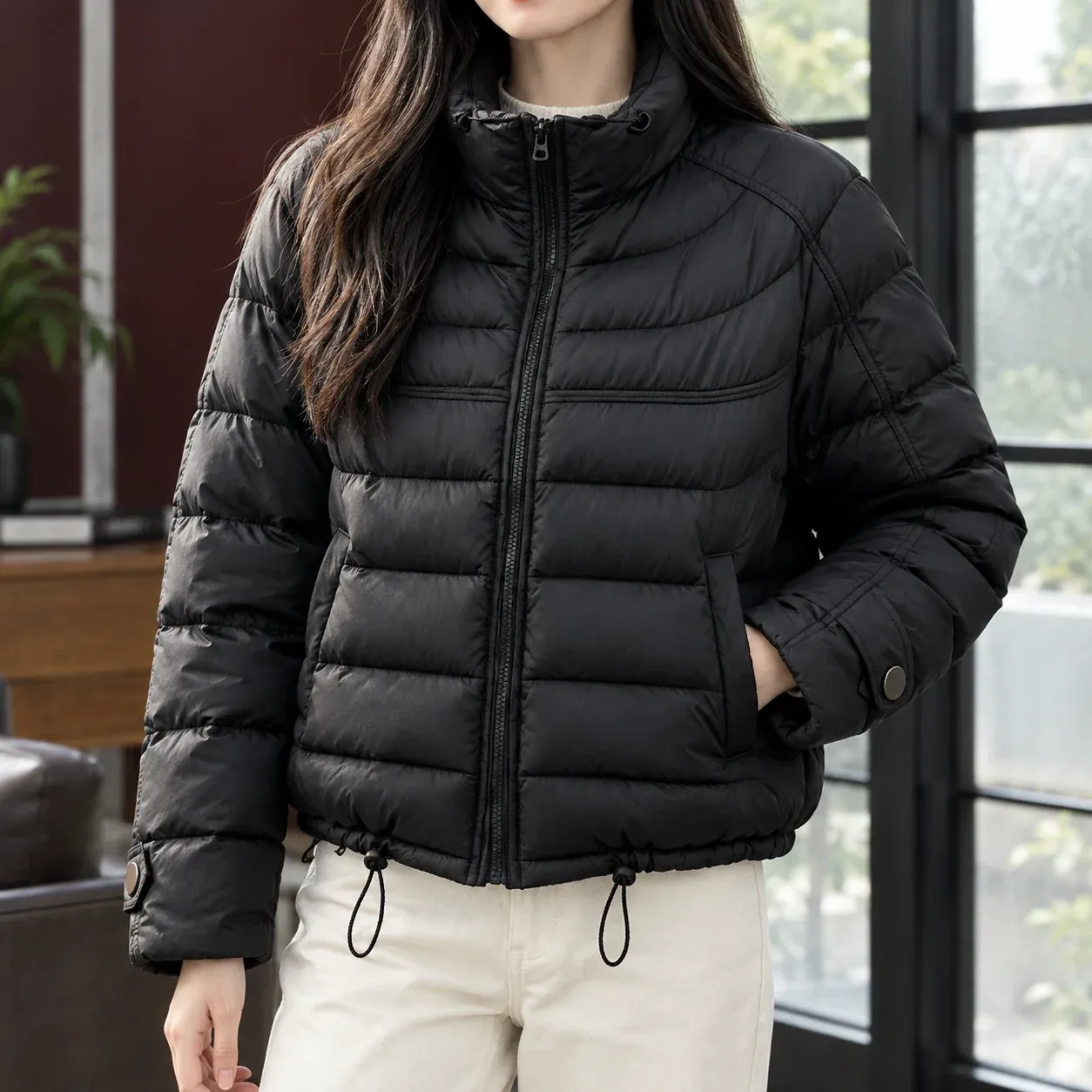 Gloria Quilted Jacket — Zhuoshi Black worn view