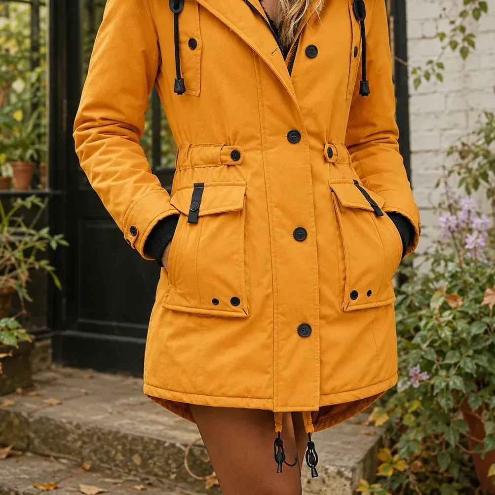 April Hooded Parka — Gold garment detail