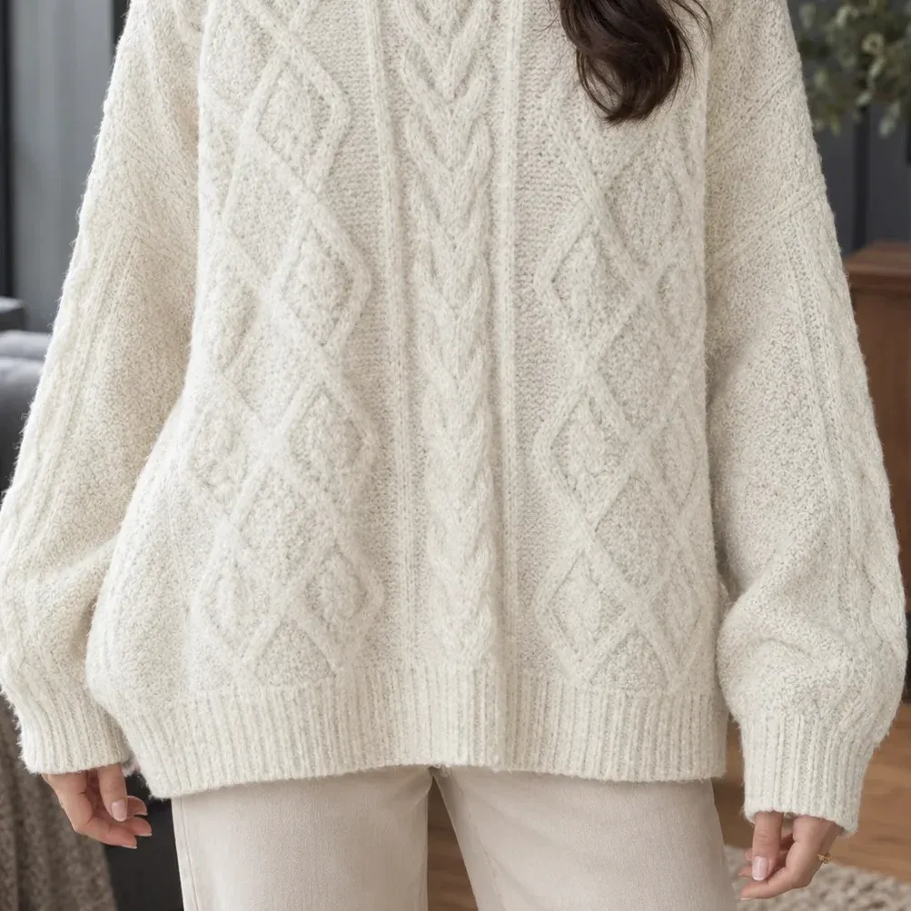 Ilaria Diamond Cable Sweater — Off White lower garment detail