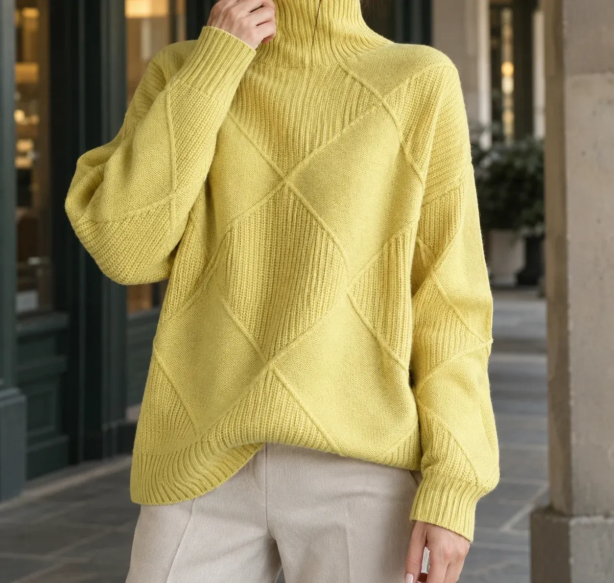 Scarlett Diamond Turtleneck — Yellow worn view