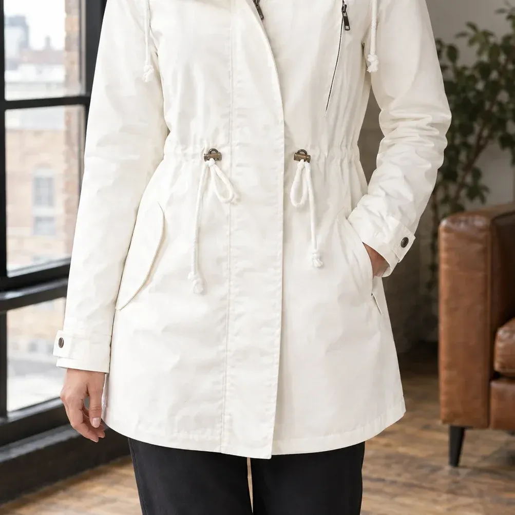 Ursuline Drawstring Parka — White garment detail