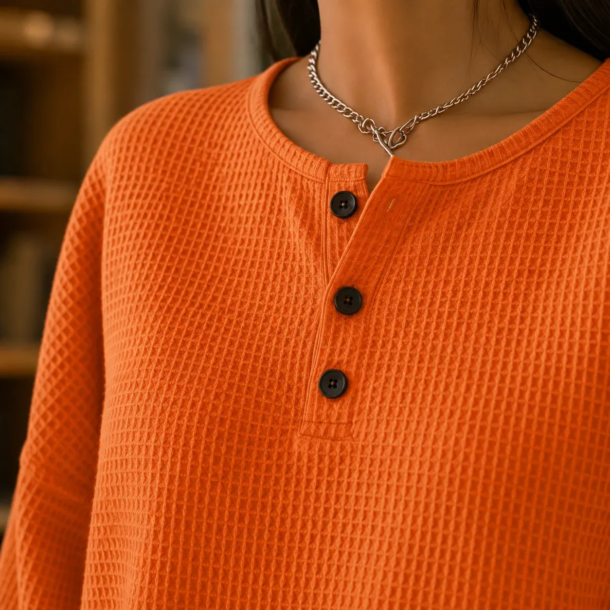 Annabel Waffle Sweater — Orange construction detail