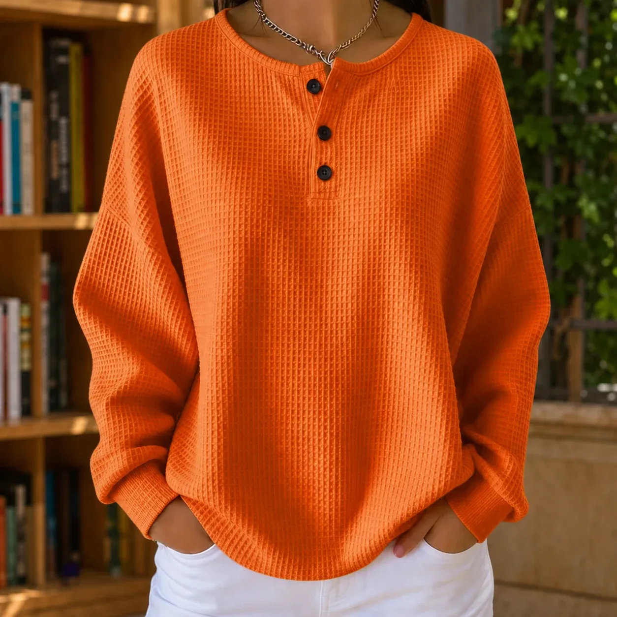 Annabel Waffle Sweater — Orange worn view
