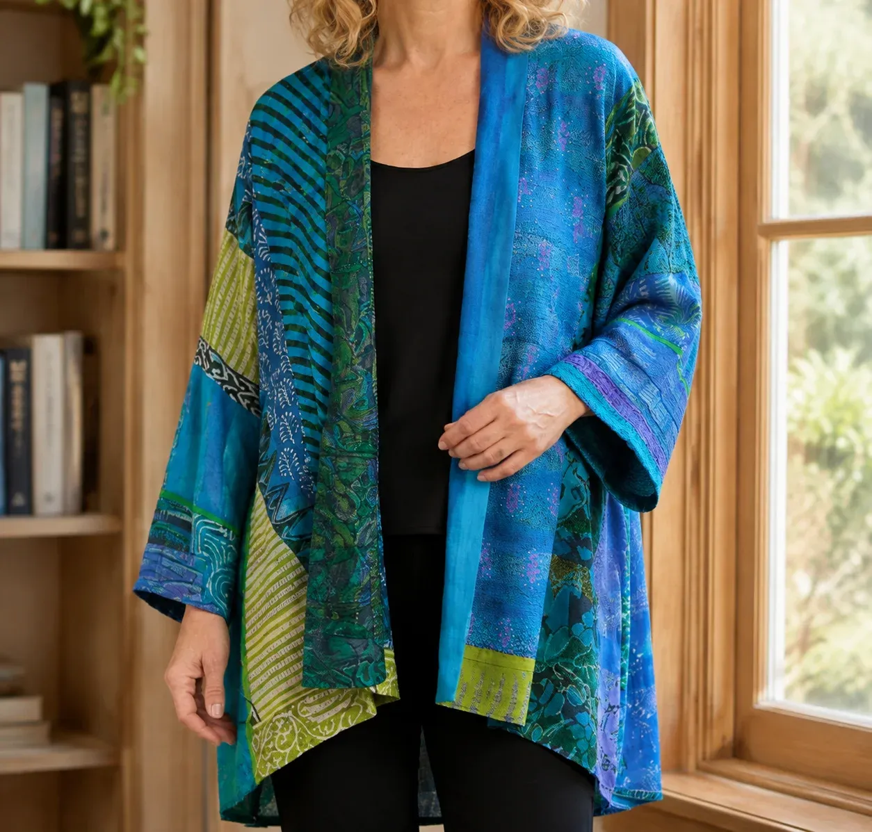 Fenna Patchwork Cardigan — Blue worn view