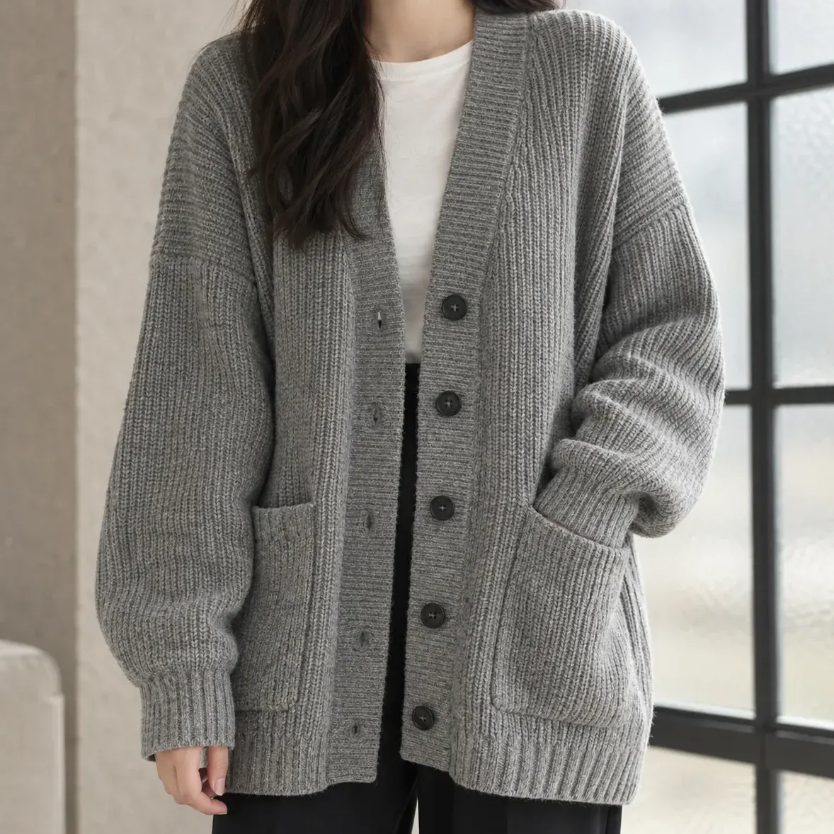 Lauren Rib Cardigan — Gray cropped fit view