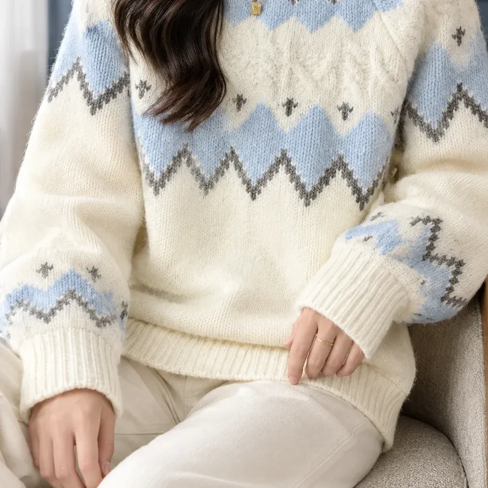 Morgan Fair Isle Sweater — Light Blue lower garment detail
