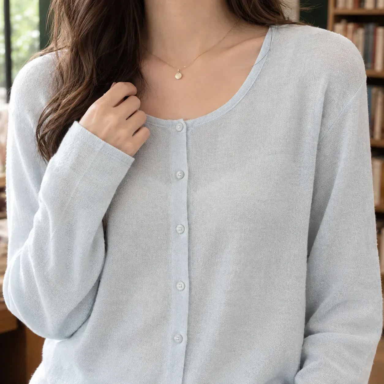 Guinevere Fine Cardigan — Light Blue construction detail