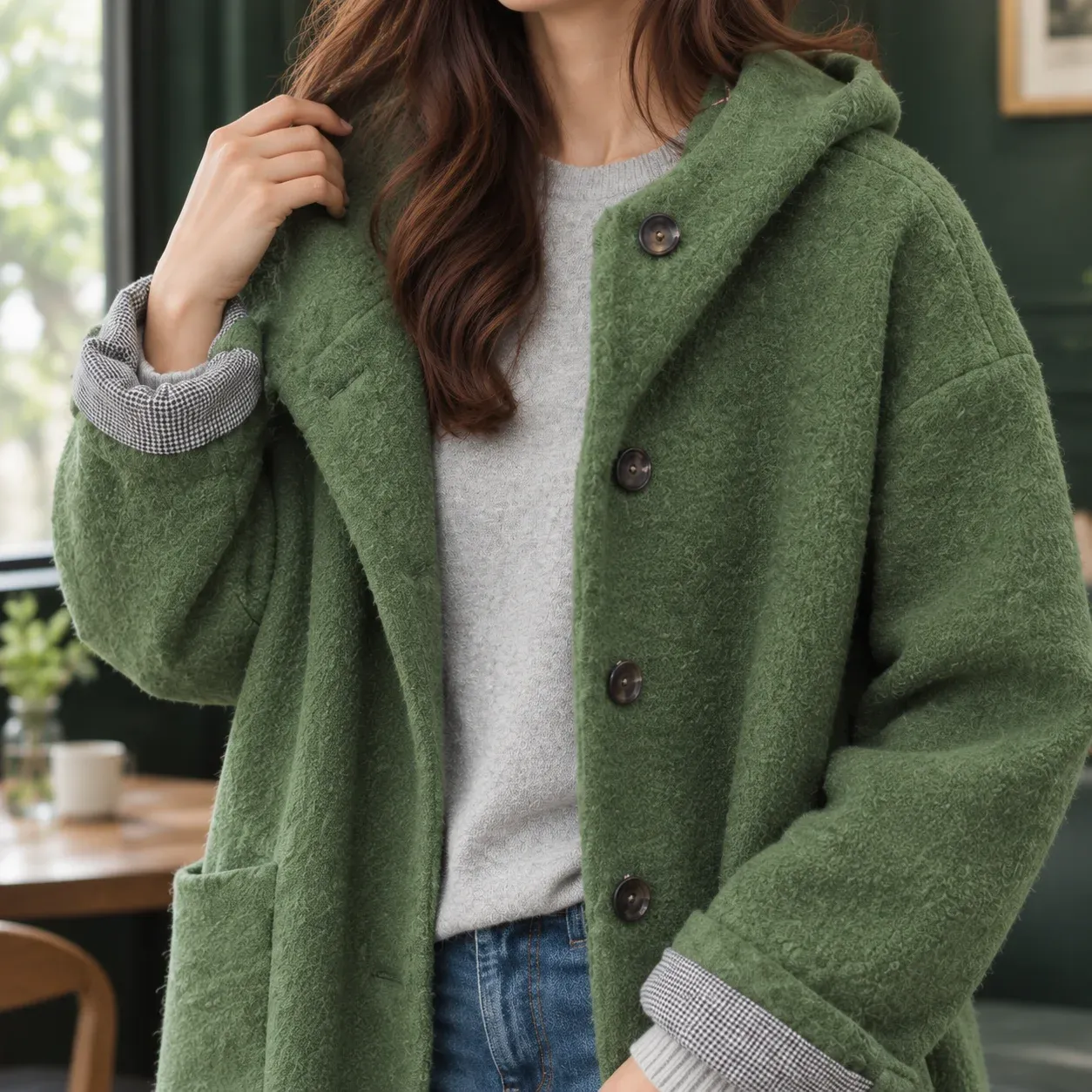 Antonia Hooded Jacket — Bean Green construction detail