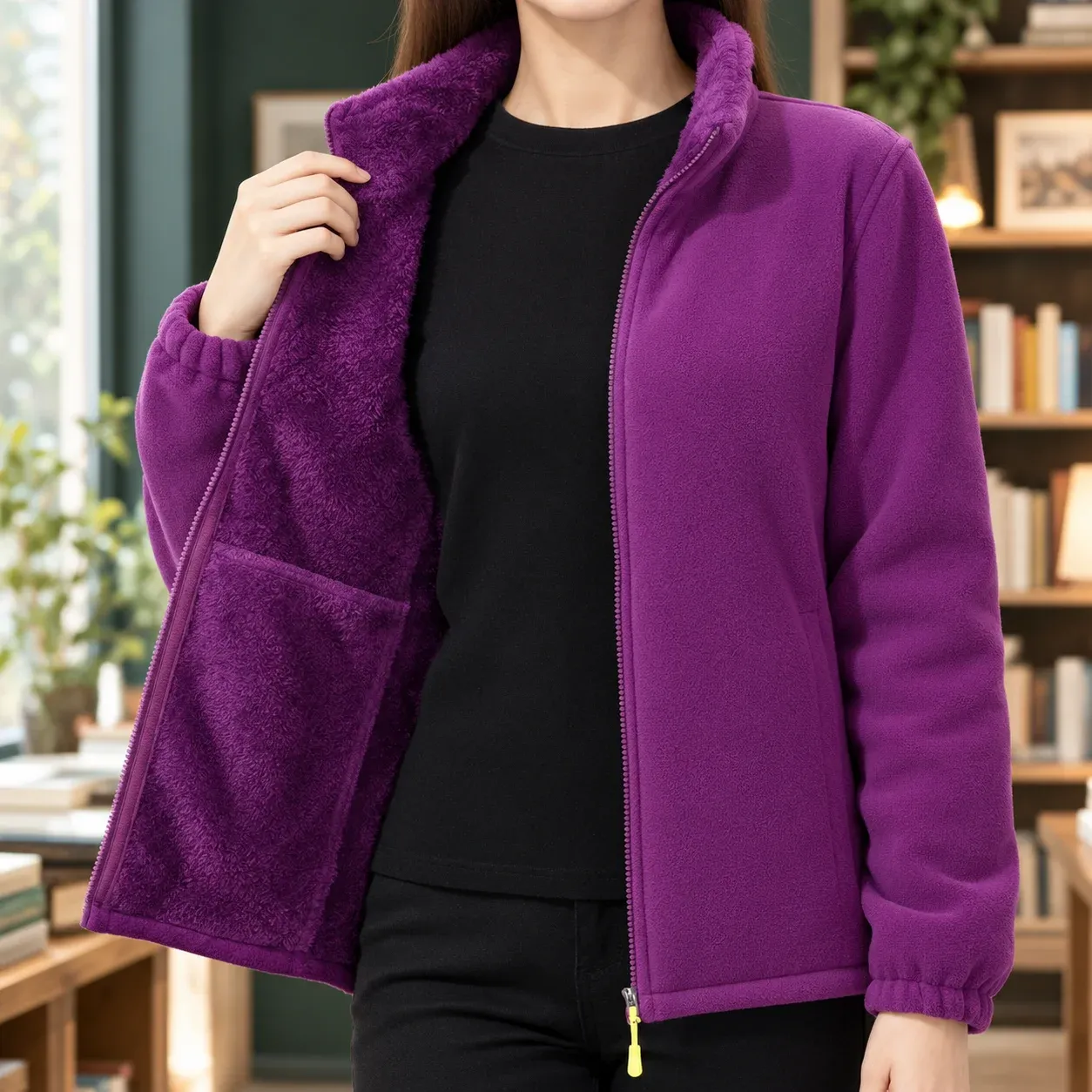 Meredith Fleece Jacket — Dark Purple Coral construction detail