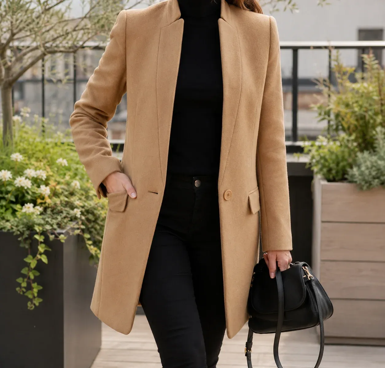 Seraphina Stand Coat — Beige worn view