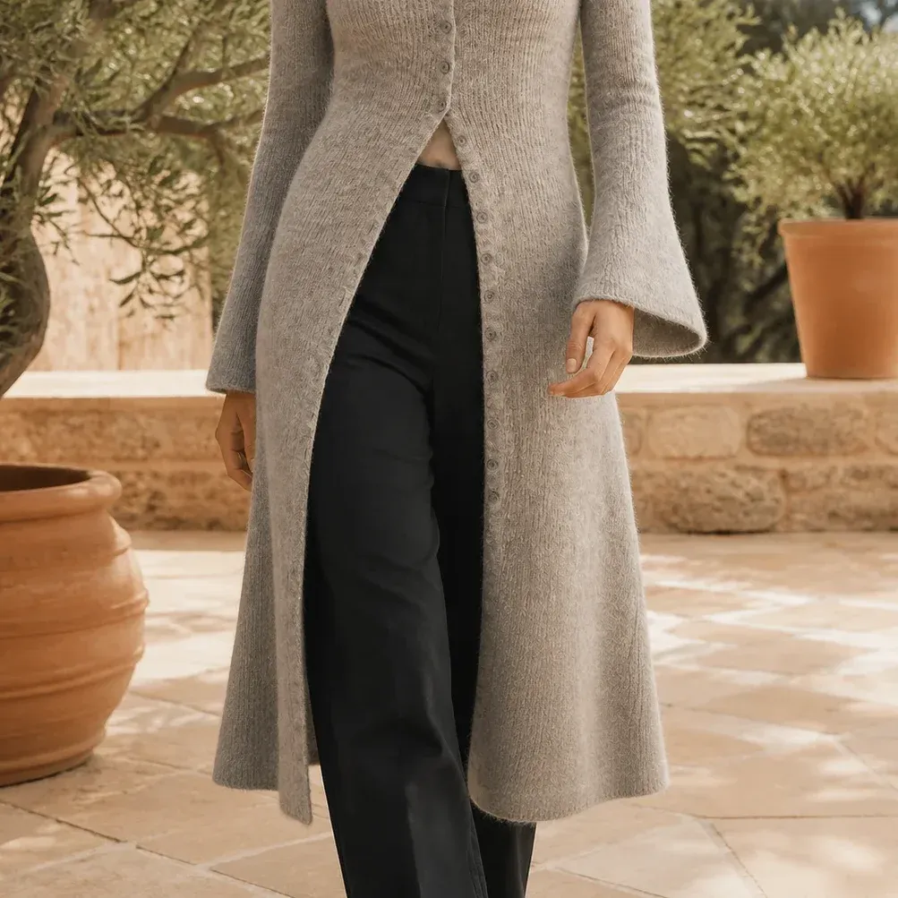 Alba Bell-Sleeve Cardigan — Gray lower garment detail