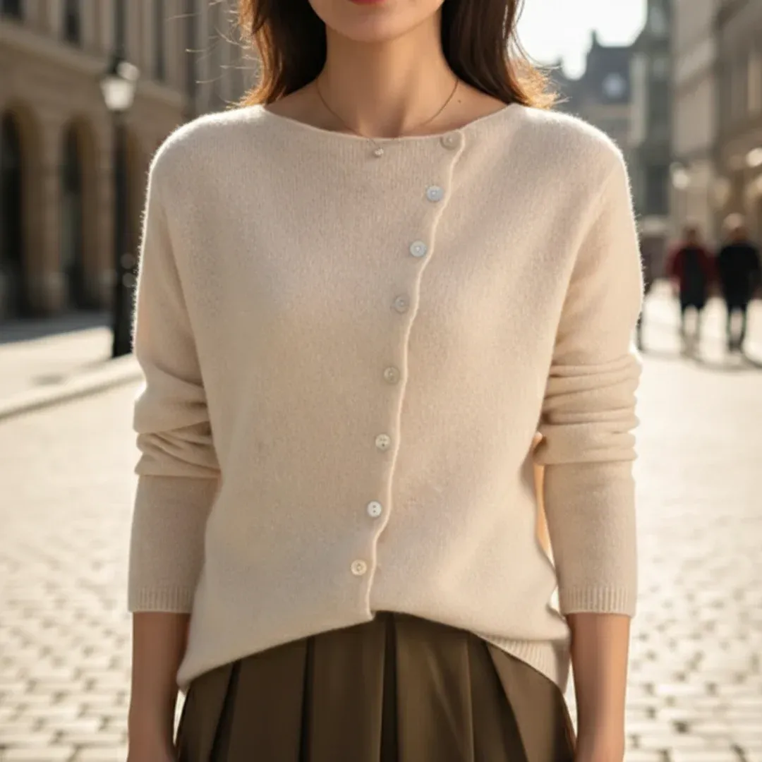 Cora Side-Button Cardigan — Beige
