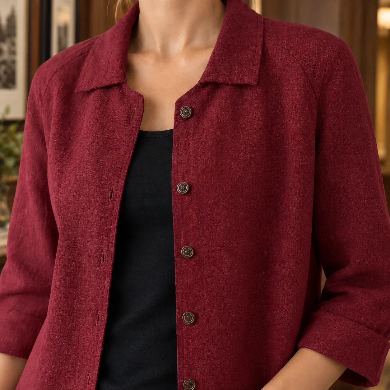 Mabel Button Jacket — Red construction detail