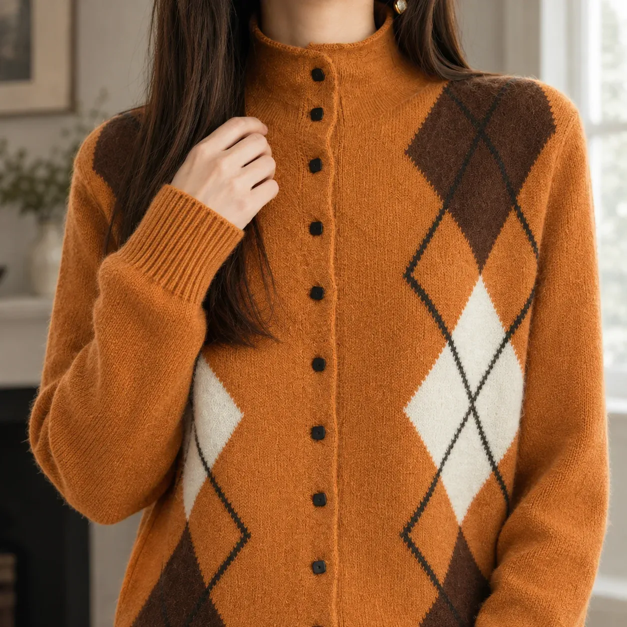 Leocadia Argyle Cardigan — Pumpkin Orange construction detail