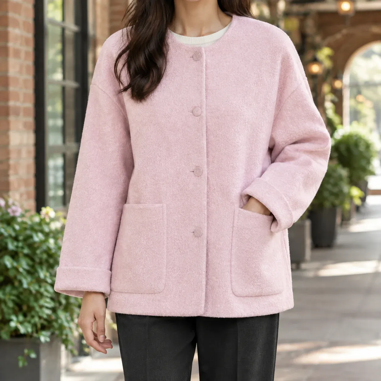 Angelique Textured Jacket — Pink worn view