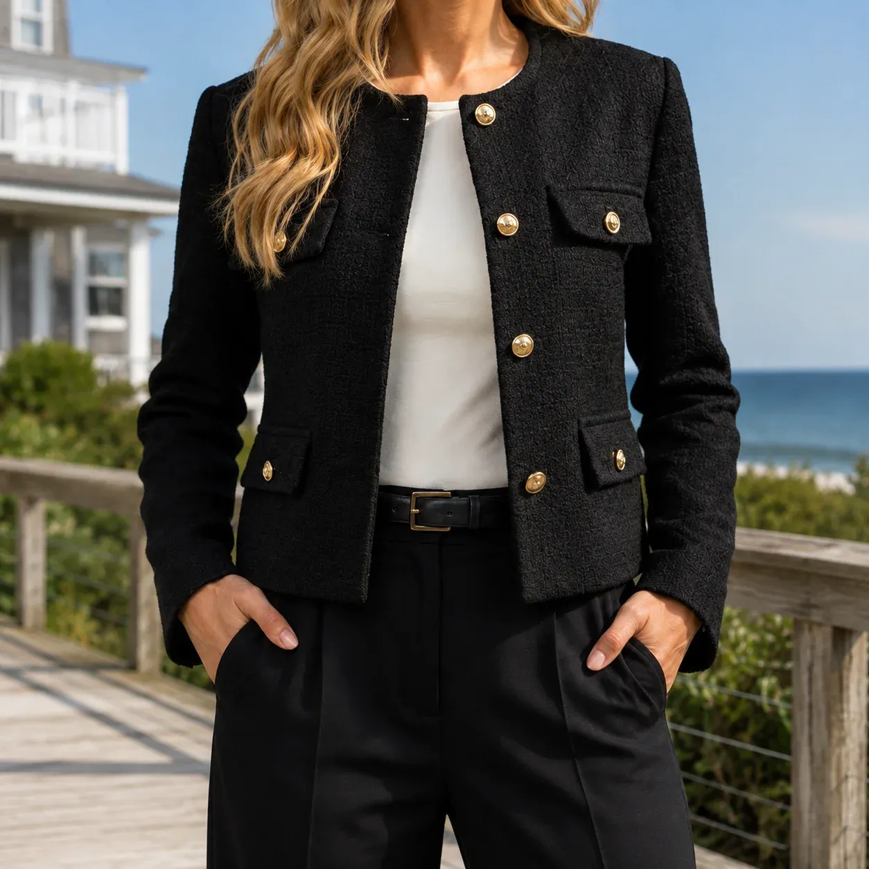 Hazel Button Jacket — Black worn view