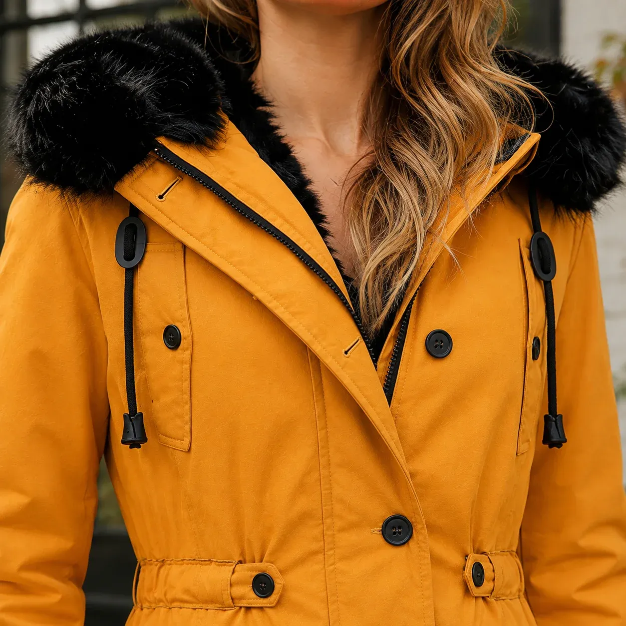 April Hooded Parka — Gold construction detail