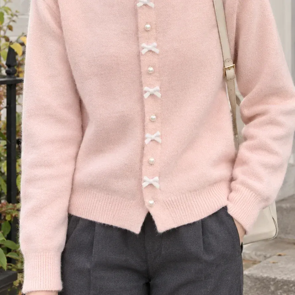 Eleanora Bow Cardigan — Pink lower garment detail