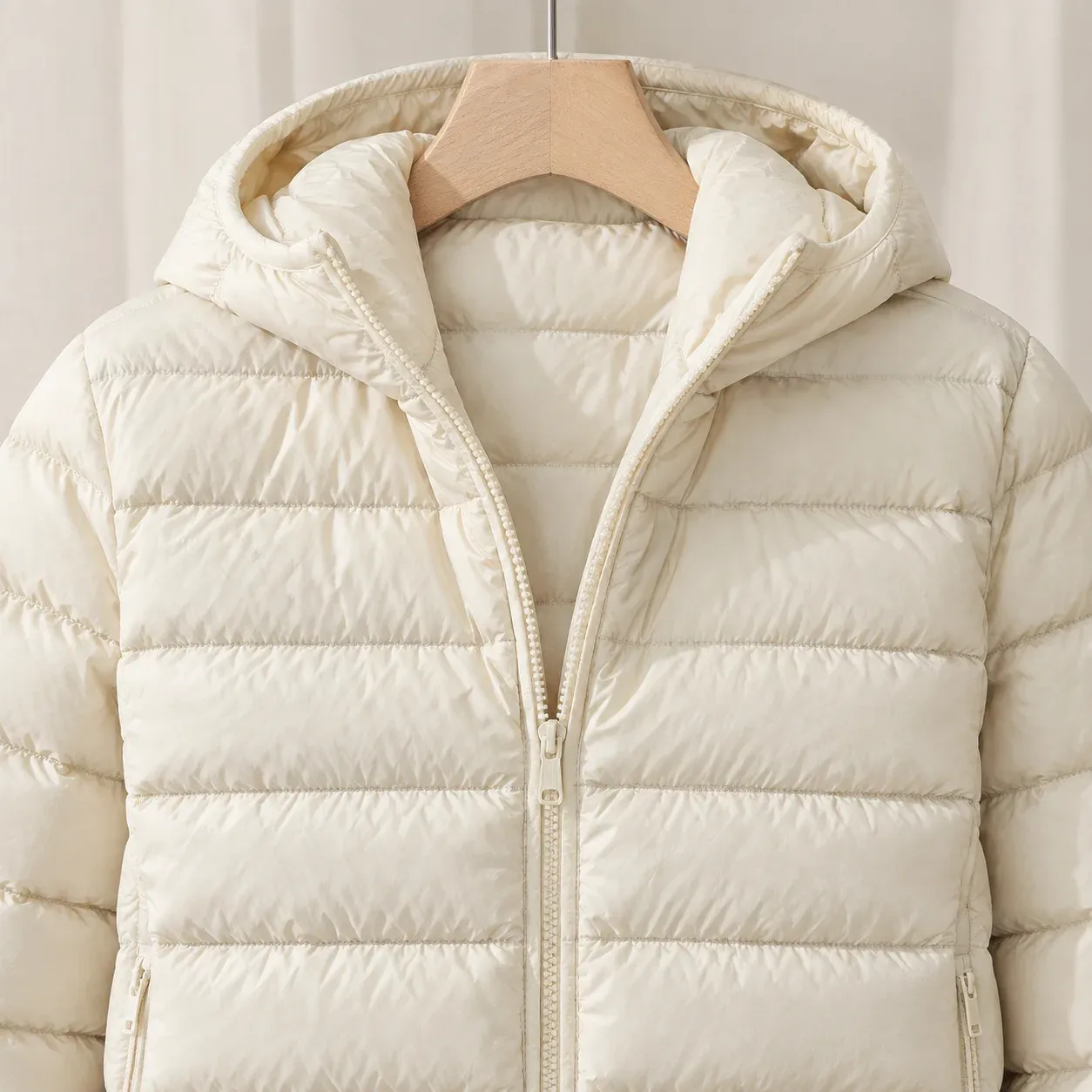 Olympia Hooded Jacket — Beige construction detail