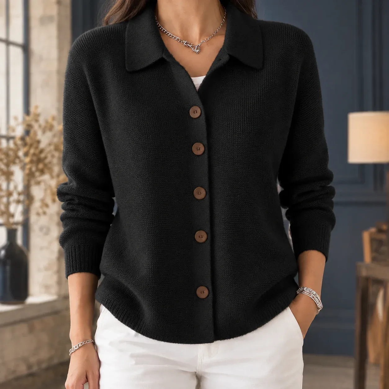 Berenice Collar Cardigan — Black worn view