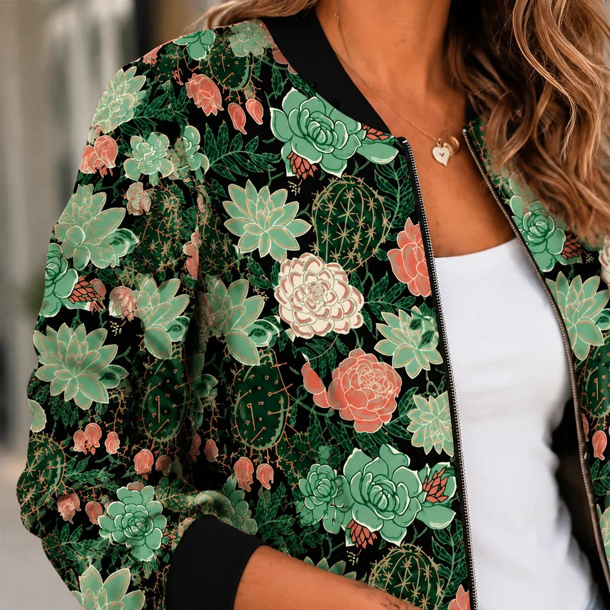 Margot Print Bomber — Green construction detail