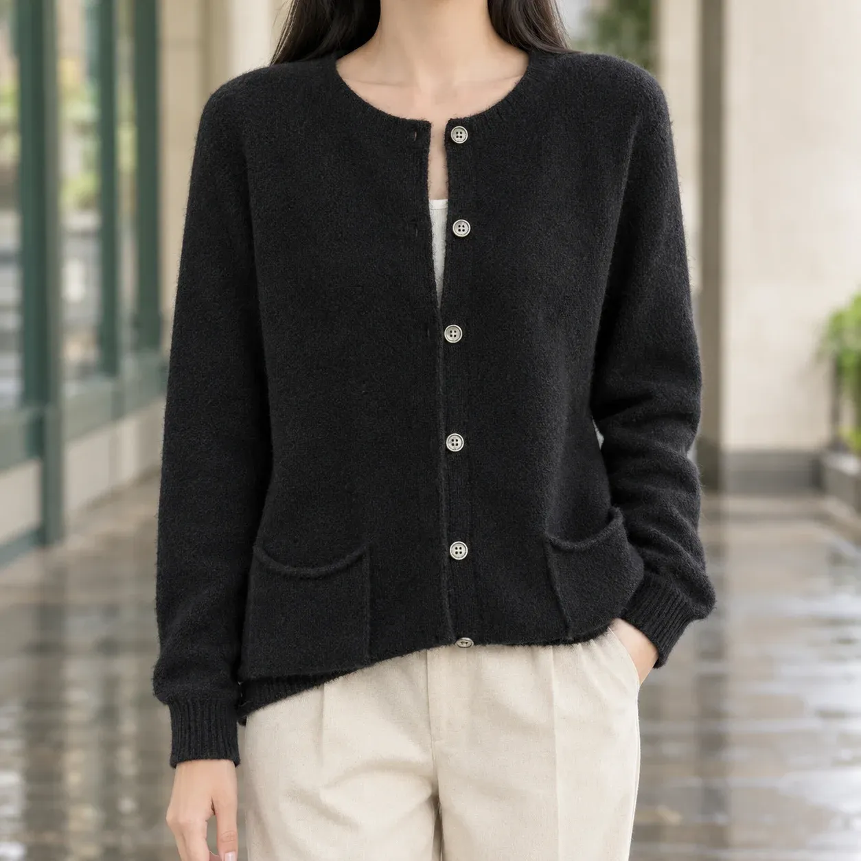 Carina Pocket Cardigan — Black worn view