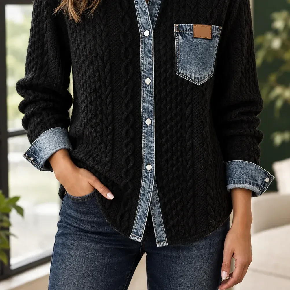 Adrienne Cable Overshirt — Black lower garment detail