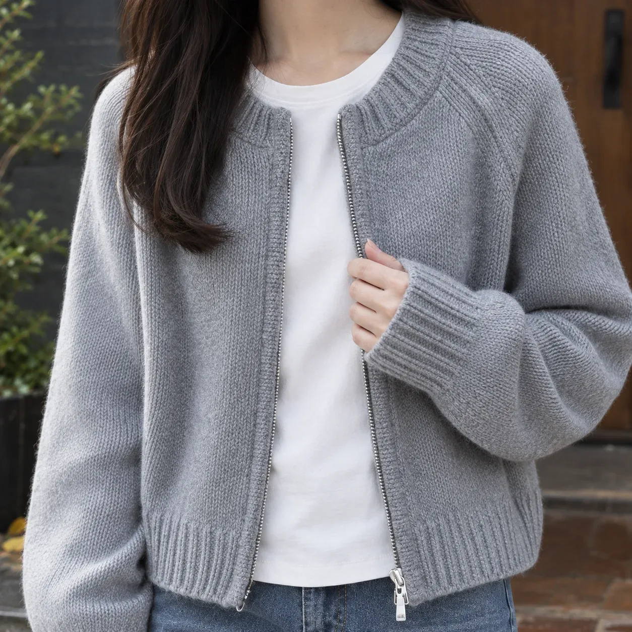 Diana Zip Cardigan — Gray construction detail