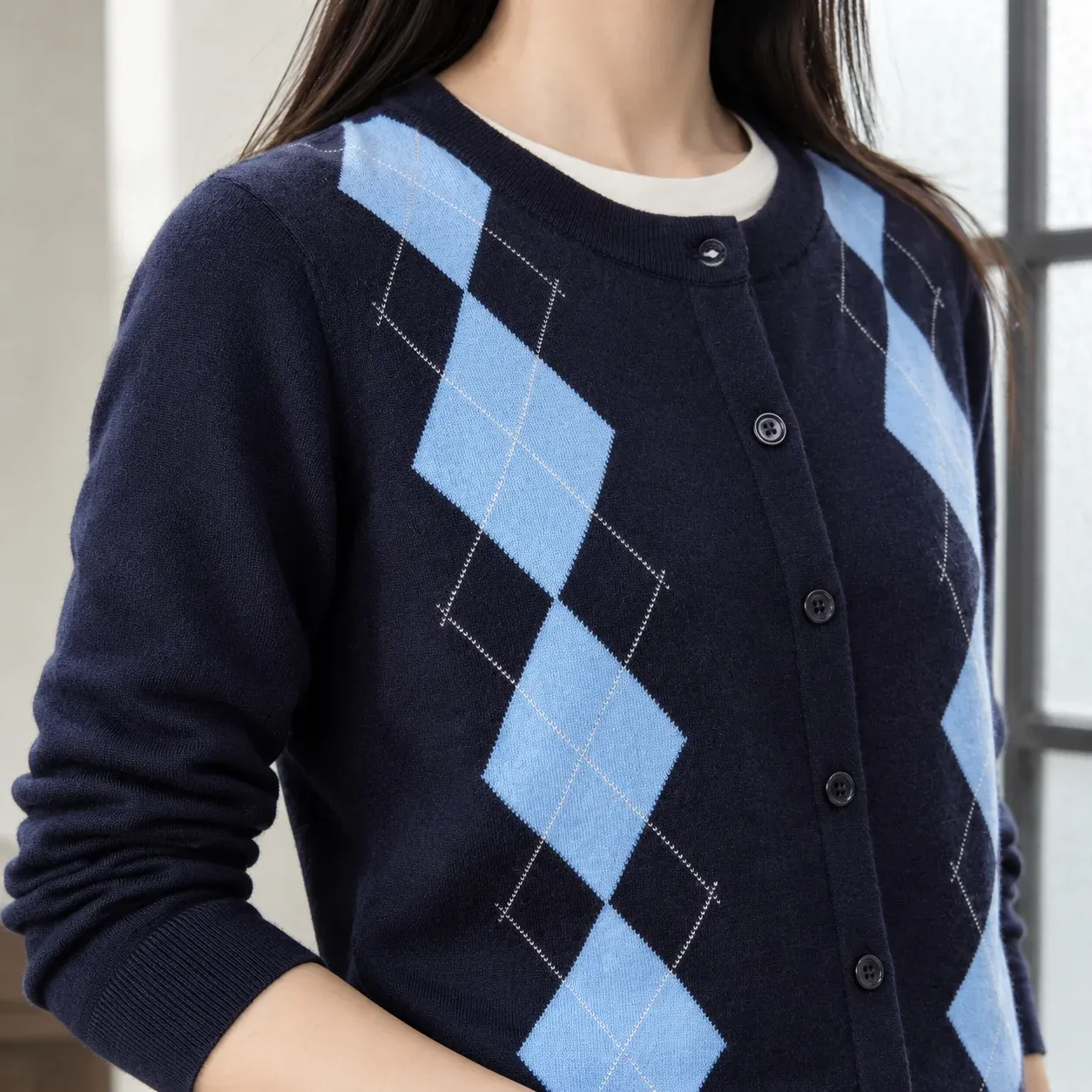 Madeleine Argyle Cardigan — Navy Blue source construction detail