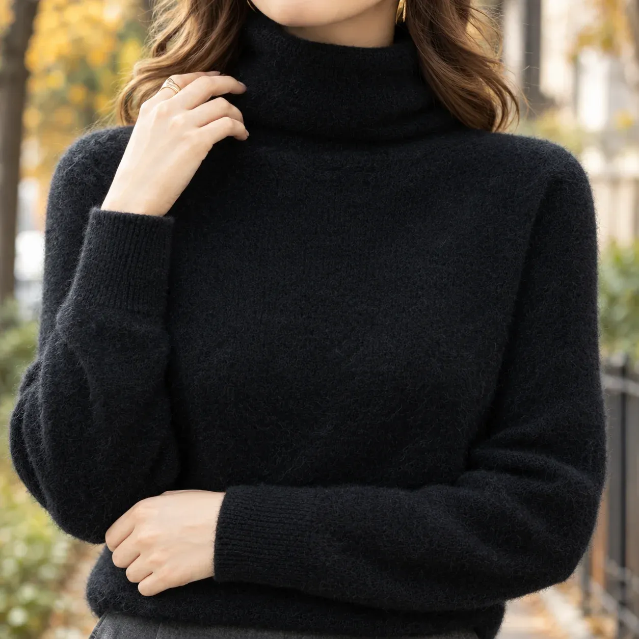 Alma Turtleneck Sweater — Black construction detail