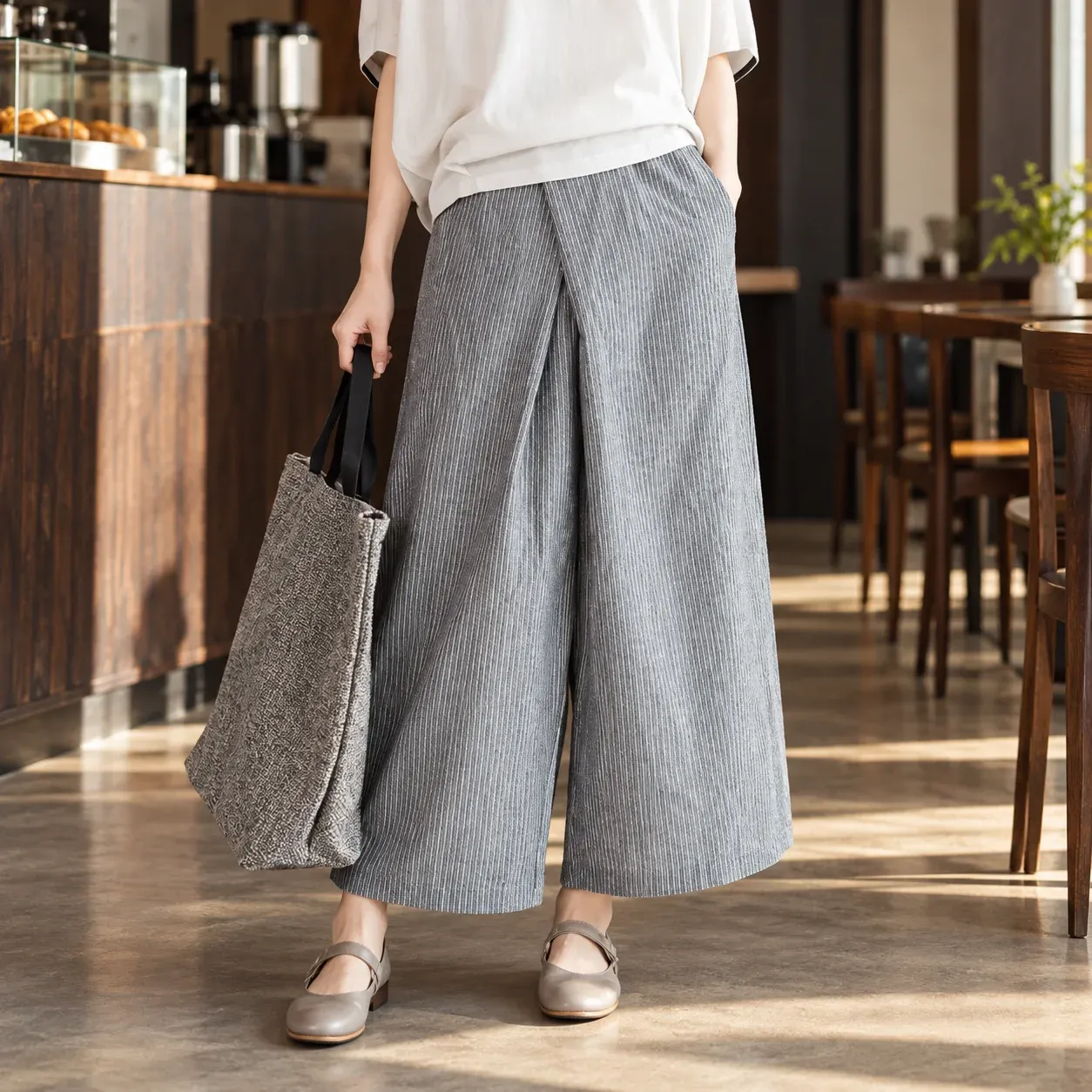 Vivienne Striped Trousers — full garment worn in context