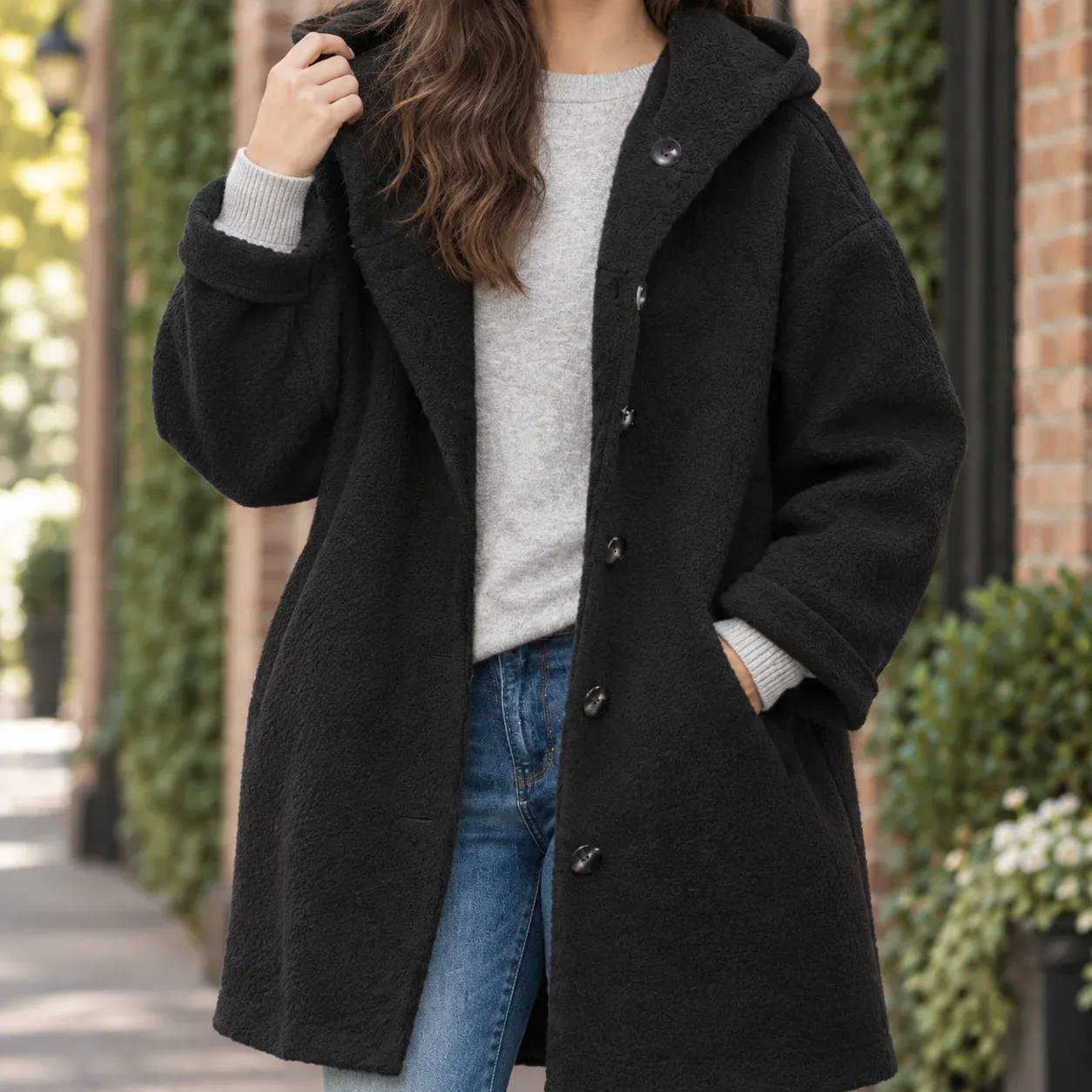 Anouska Button Coat — Black construction detail