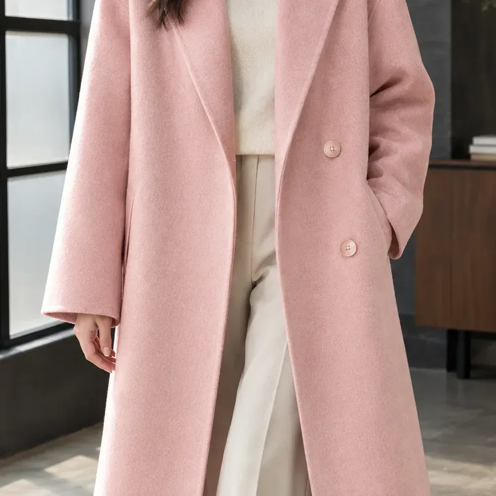 Delia Double-Breasted Coat — Pink lower garment detail