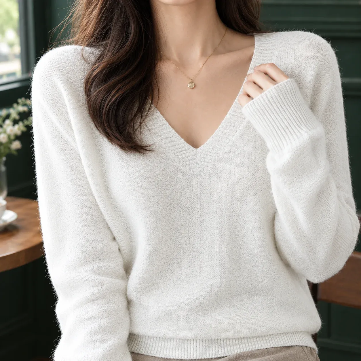 Angelique V-Neck Sweater — White construction detail