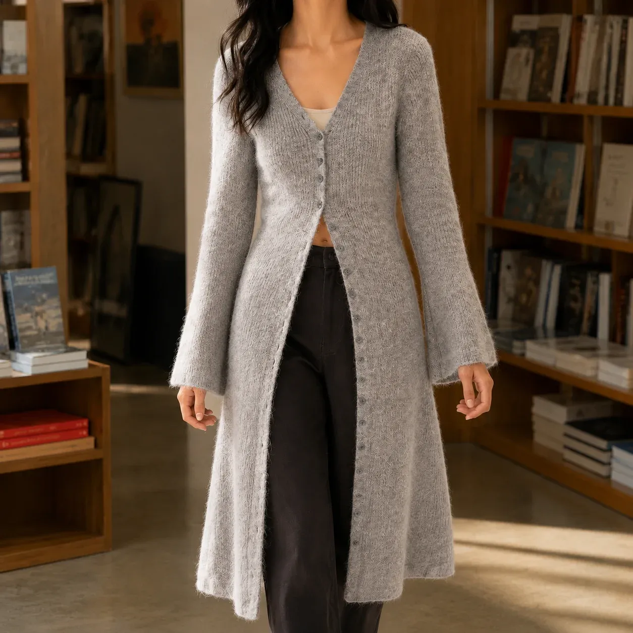 Alba Long Cardigan — Gray worn view