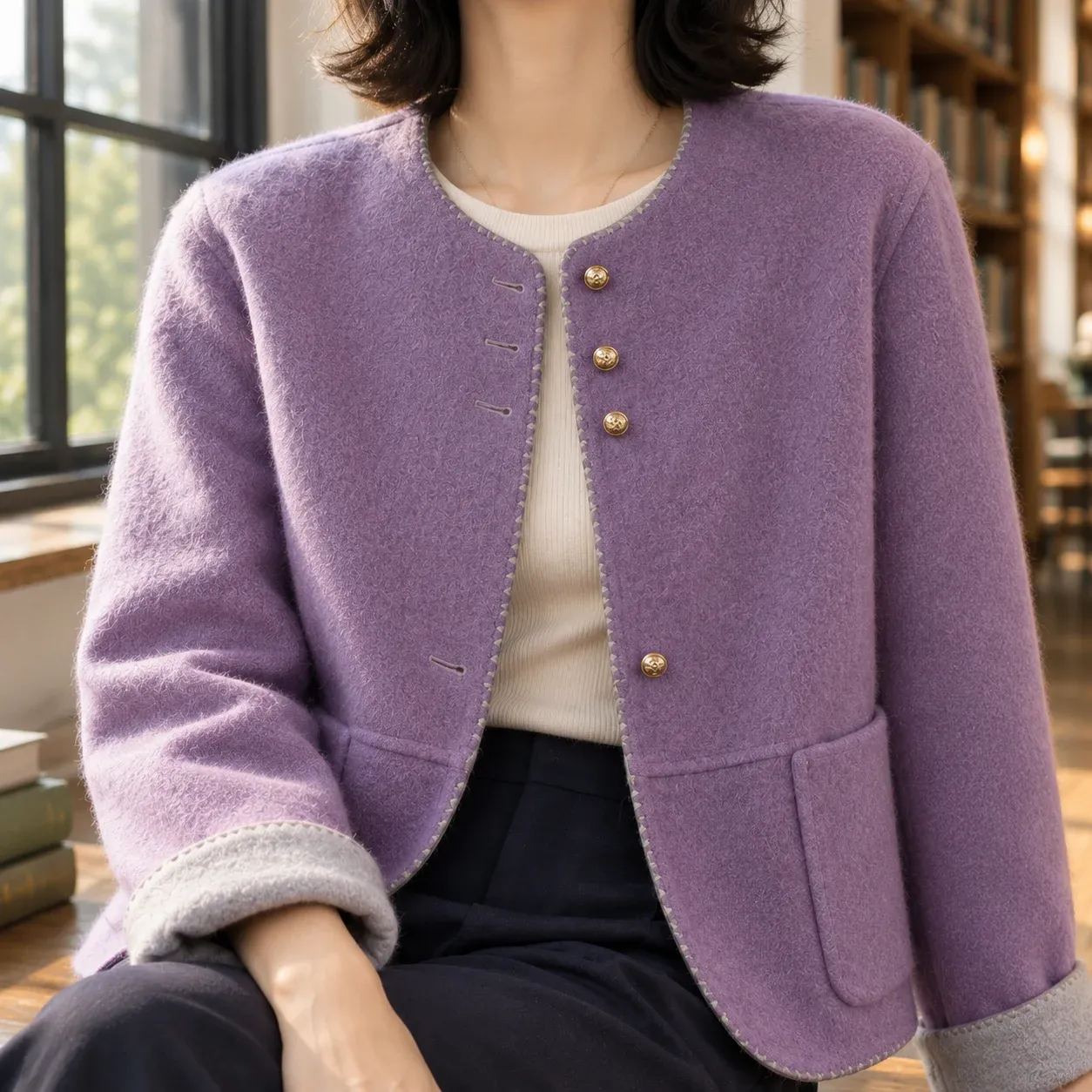 Apolline Stitch-Trim Jacket — Light Purple construction detail