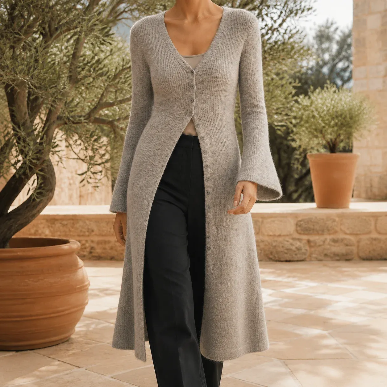 Alba Bell-Sleeve Cardigan — Gray worn view