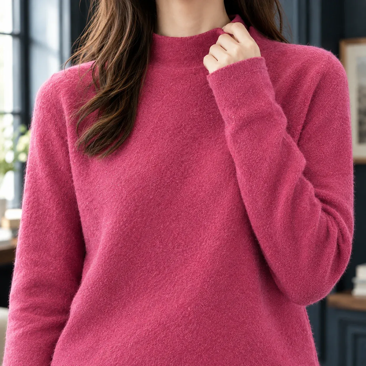 Adriana Mockneck Sweater — Raspberry Pink construction detail