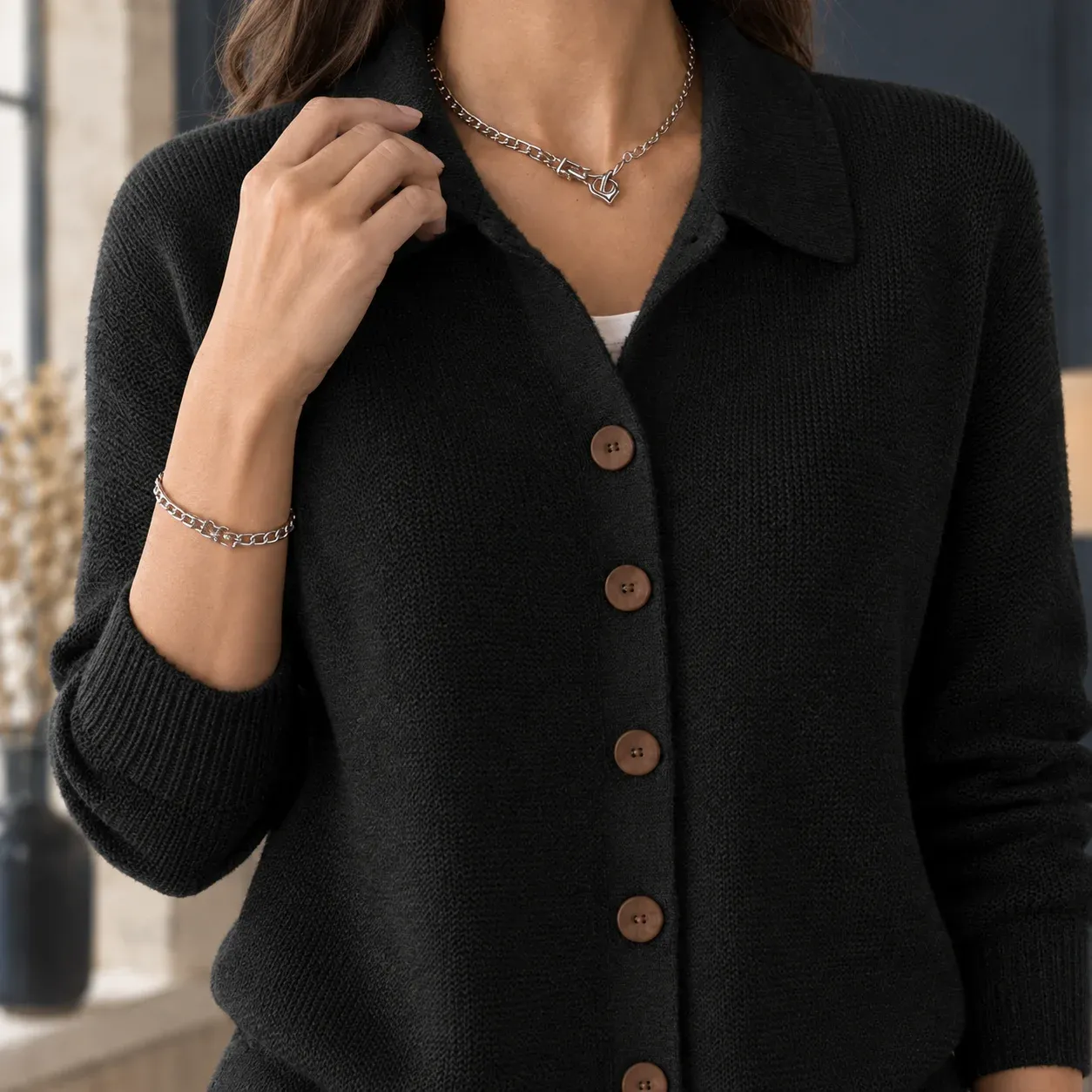 Berenice Collar Cardigan — Black construction detail