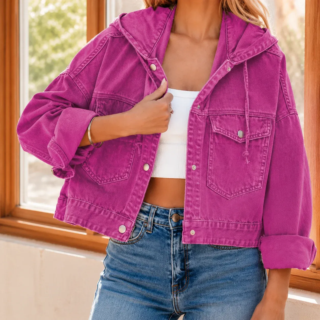 Antonia Hooded Jacket — Fuchsia worn view