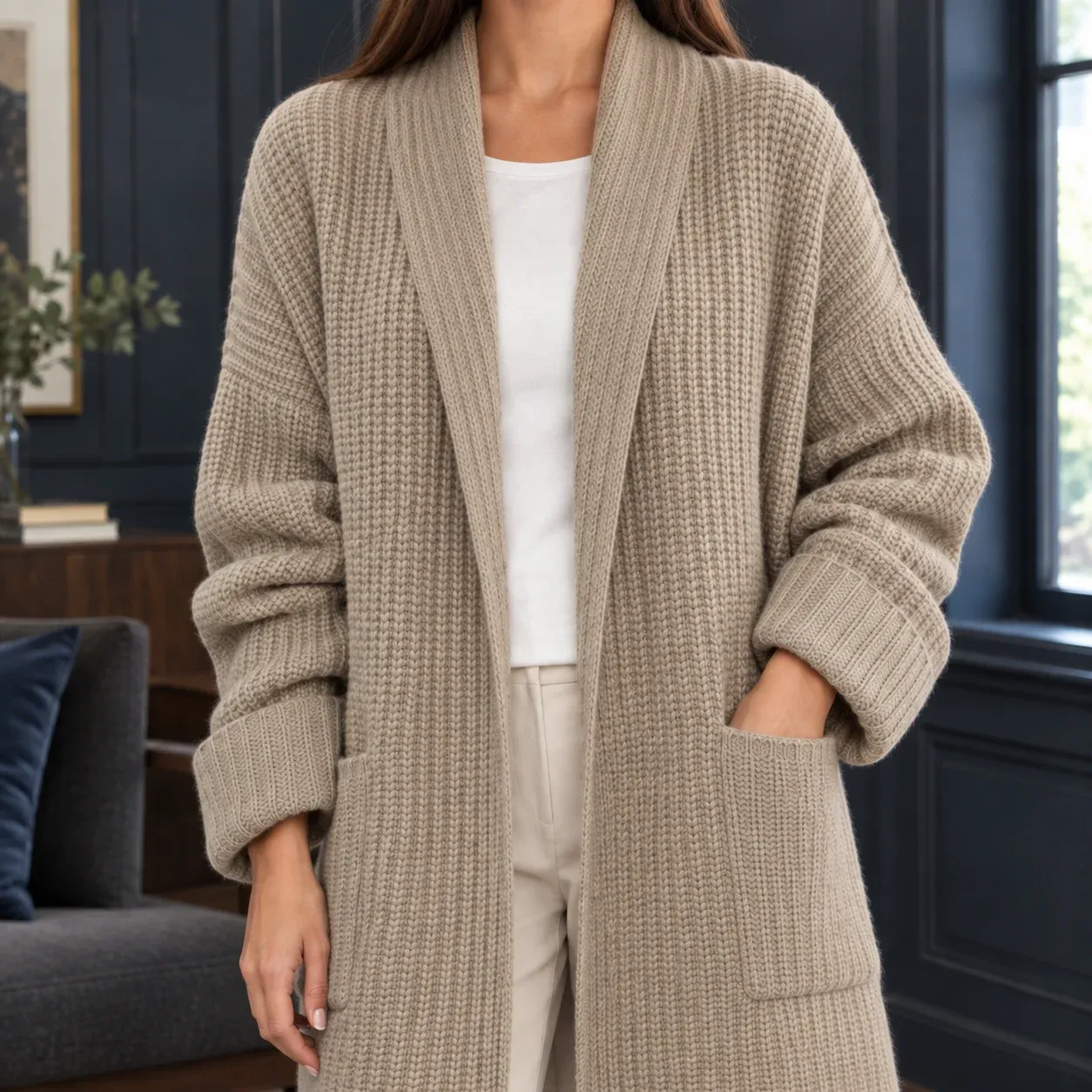 Blair Open Cardigan — Khaki construction detail