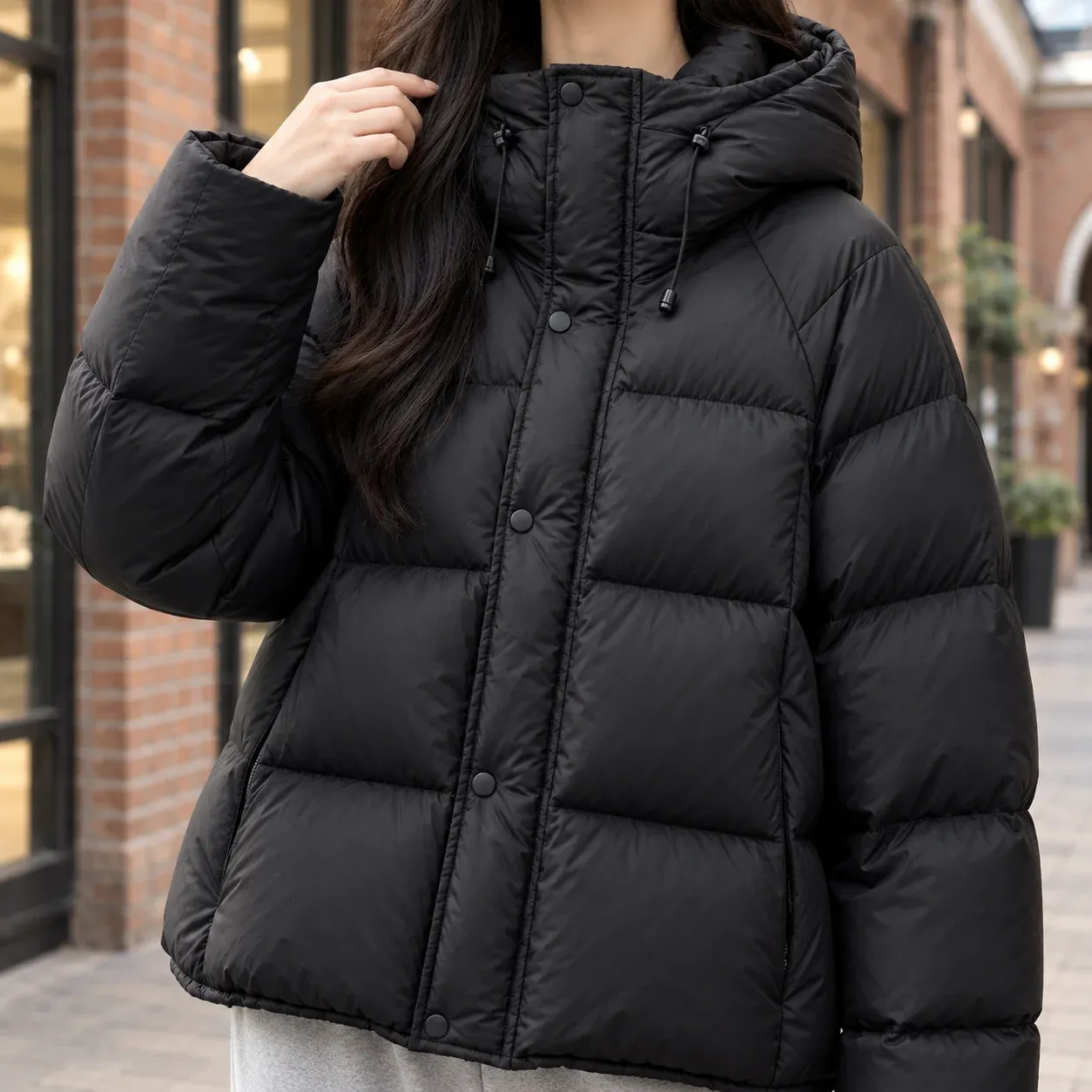 Adelia Puffer Jacket — Black construction detail