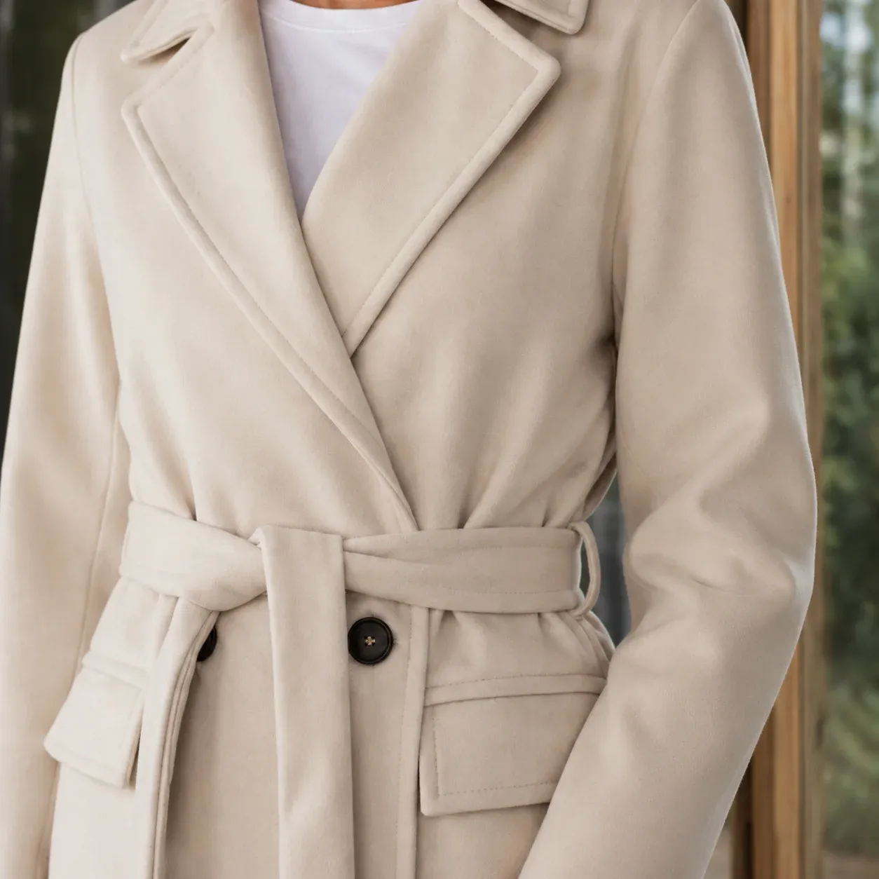 Adele Belted Overcoat — Beige construction detail