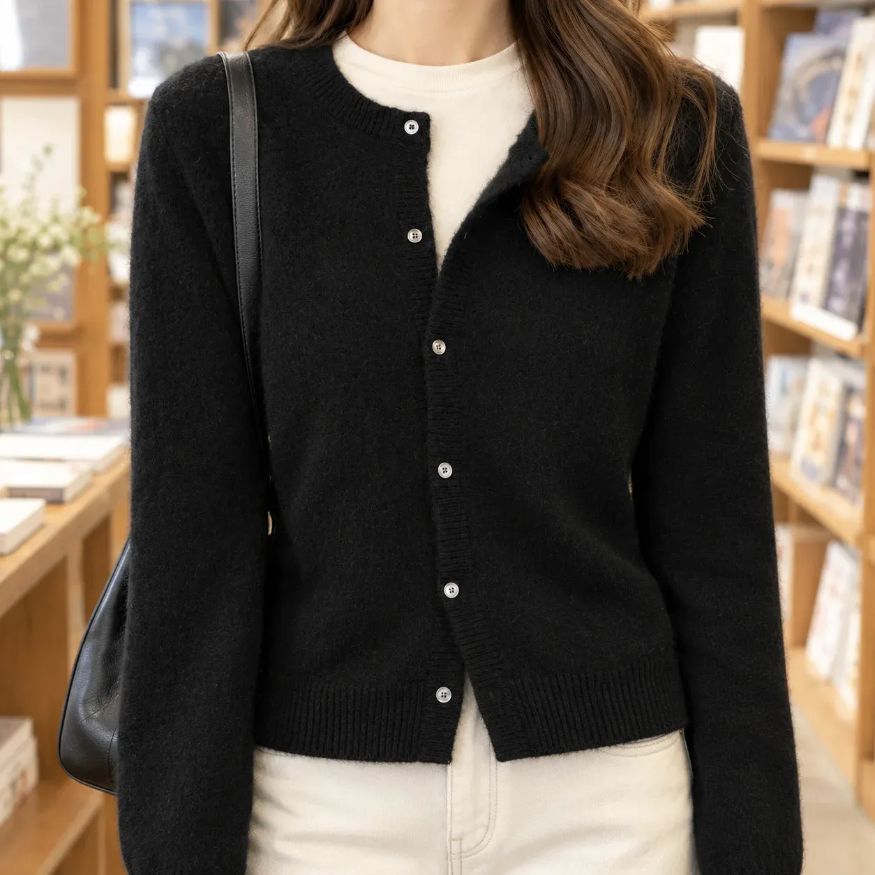 Augustine Round-Neck Cardigan — Black construction detail