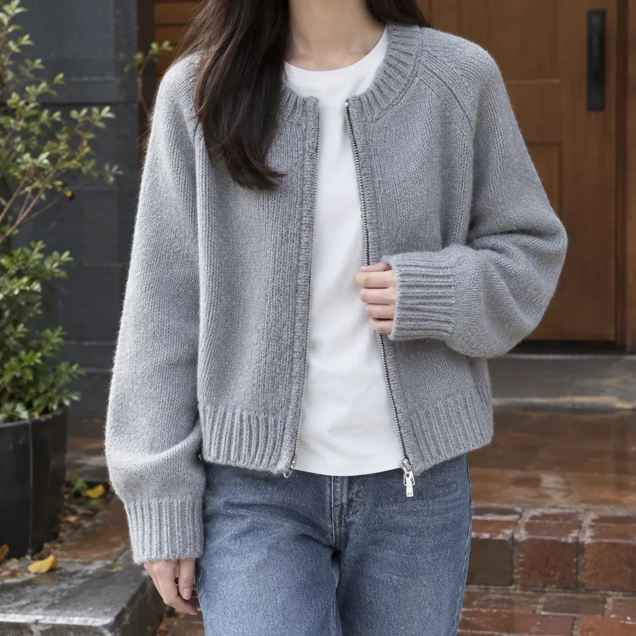 Diana Zip Cardigan — Gray worn view