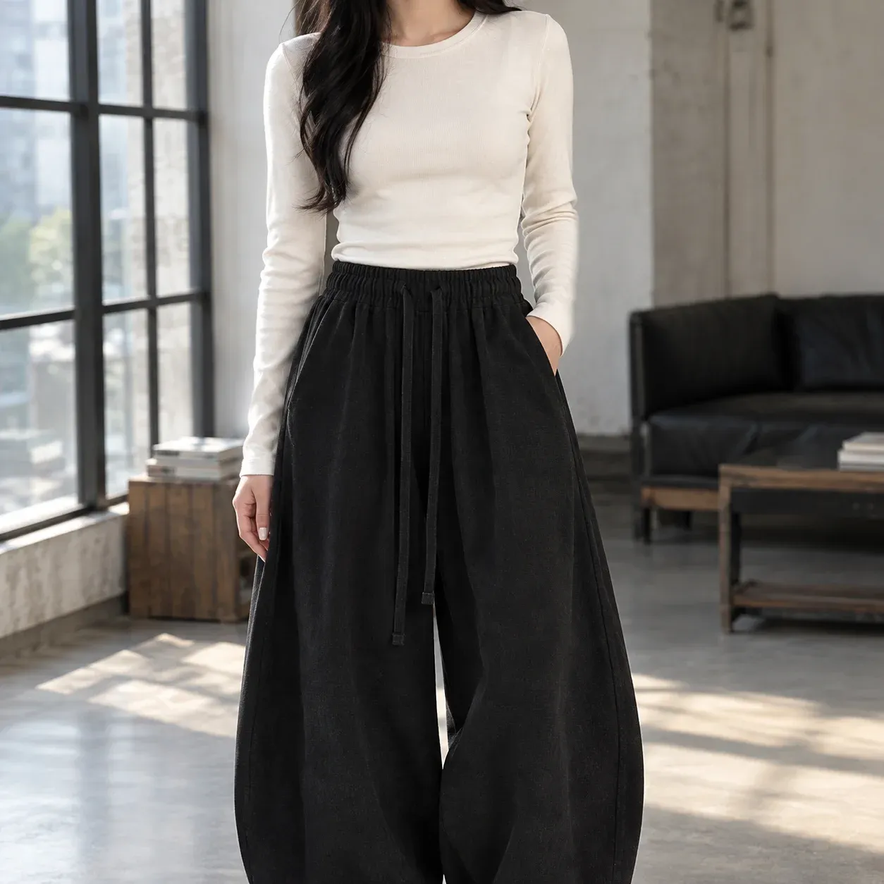 Bianca Balloon Trousers — Black worn view