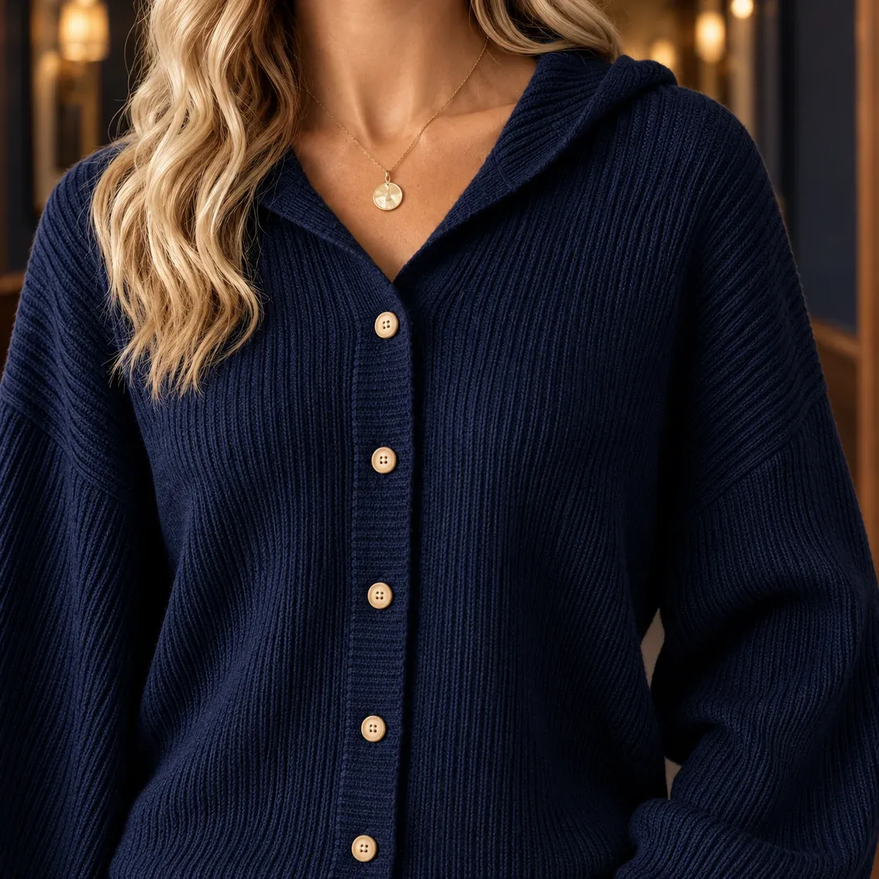 Aiglon Hooded Cardigan — Navy Blue construction detail