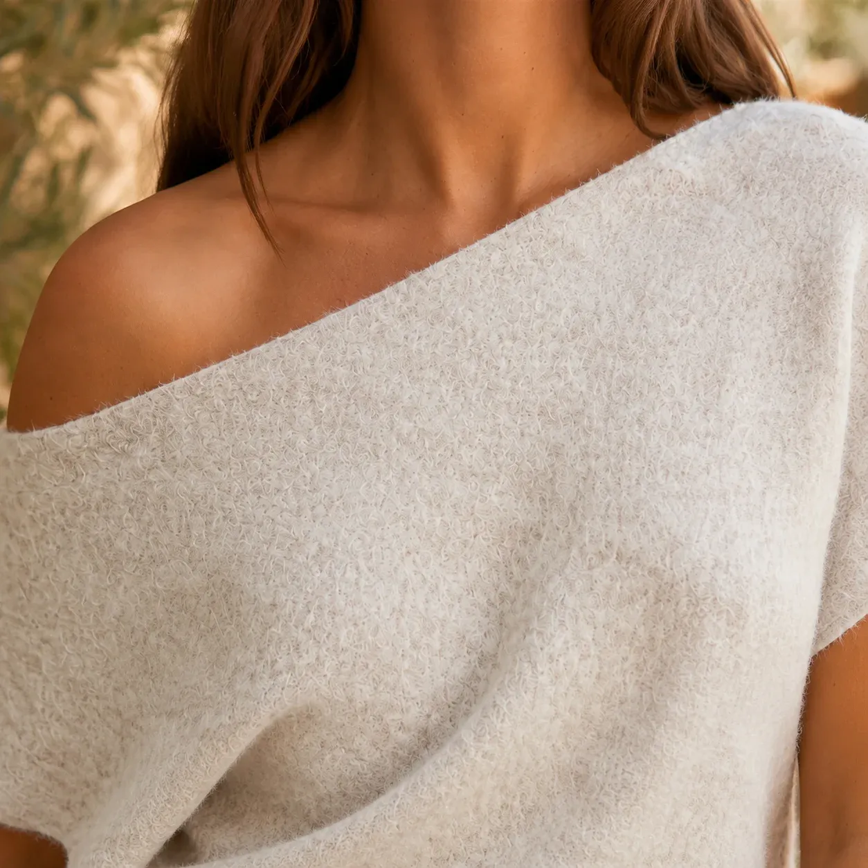Aimee Shoulder Sweater — White construction detail
