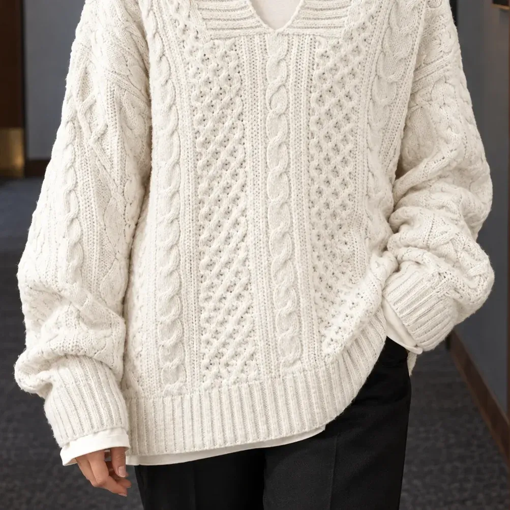 Fernanda Cable Sweater — White lower garment detail